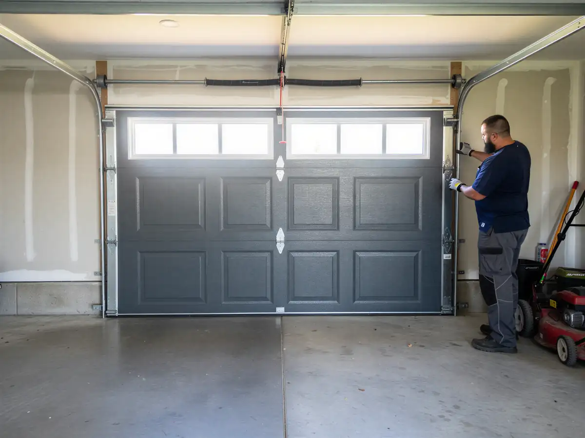 A technician adjusts a closed gray garage door with windows in a garage.